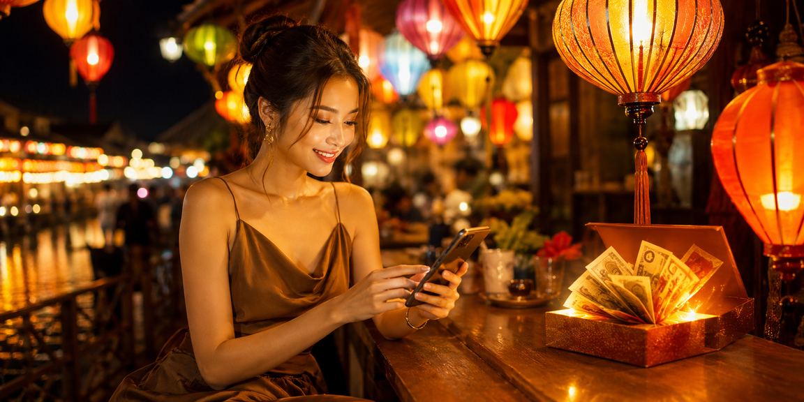 Người dùng chơi casino di động tại Hội An với ly cà phê Việt Nam